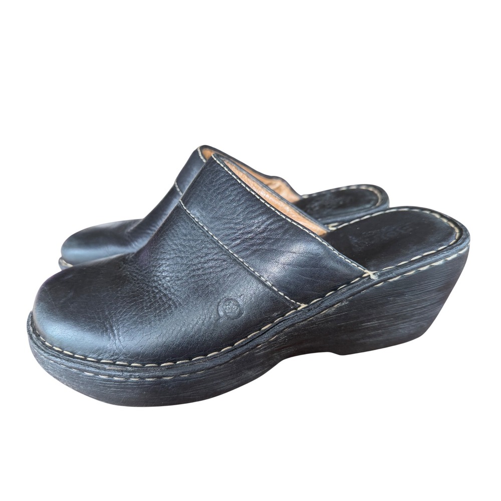Born Black Leather Clogs Mules Wedge Heels W3634 Womens Size 8 EU 39